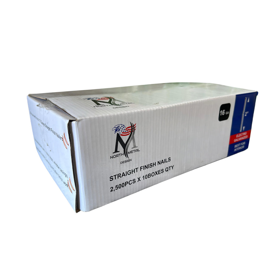 Case of 10 Boxes – 2" Straight Finish Nails (16 GA) Electro Galvanized – 25,000 Nails Total