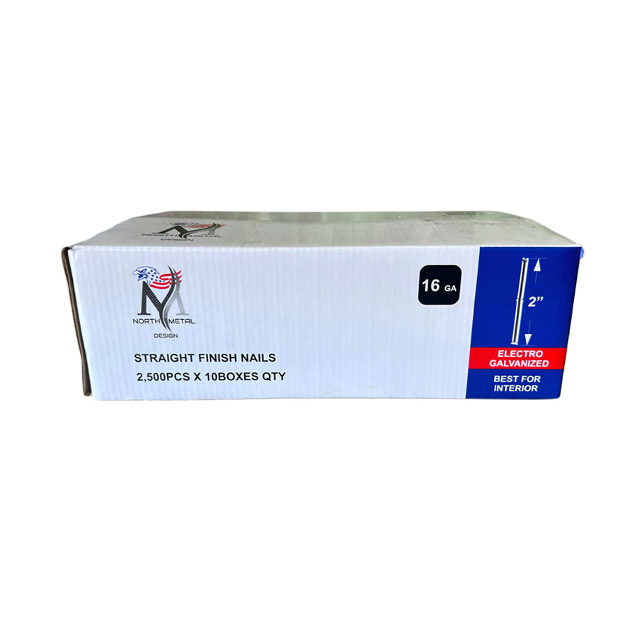 Case of 10 Boxes – 2" Straight Finish Nails (16 GA) Electro Galvanized – 25,000 Nails Total