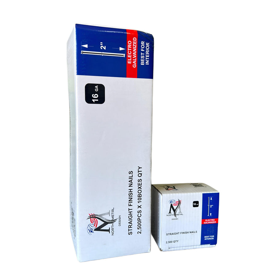 Case of 10 Boxes – 2" Straight Finish Nails (16 GA) Electro Galvanized – 25,000 Nails Total