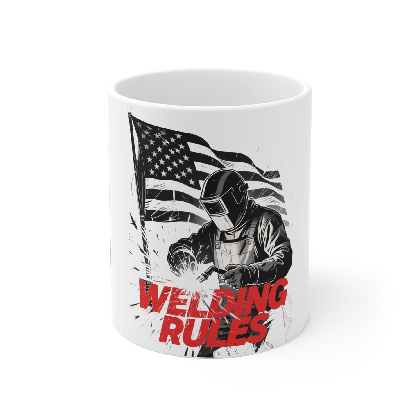 "NOE" Welding Rules Mug | Unique Gift for Welders | Patriotic Ceramic Coffee Cup | Working Man's Gift | American Flag Design | 11oz Mug