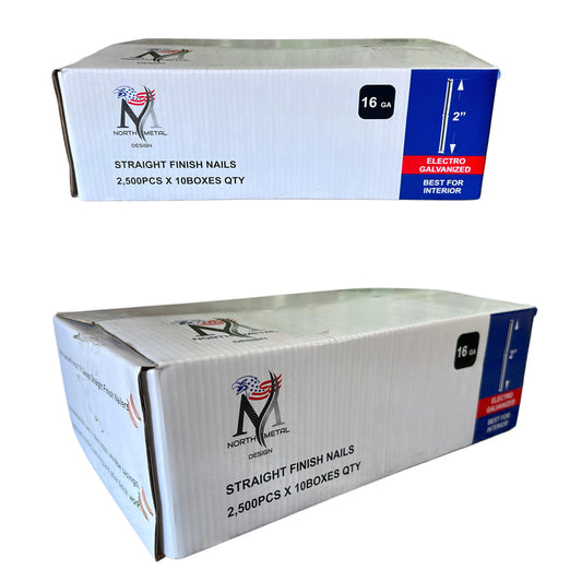 Case of 10 Boxes – 2" Straight Finish Nails (16 GA) Electro Galvanized – 25,000 Nails Total