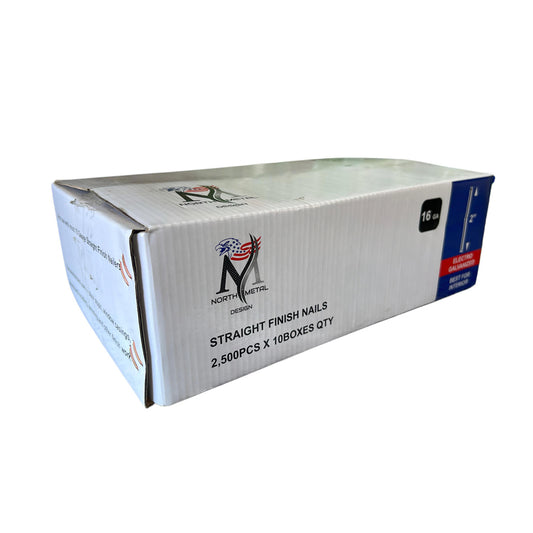 Case of 10 Boxes – 2" Straight Finish Nails (16 GA) Electro Galvanized – 25,000 Nails Total